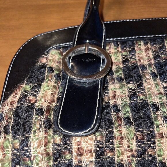MaggiB Shoulder Purse Black Brown Green Plaid Tweed Snap Close Faux Leather Trim - Picture 13 of 16